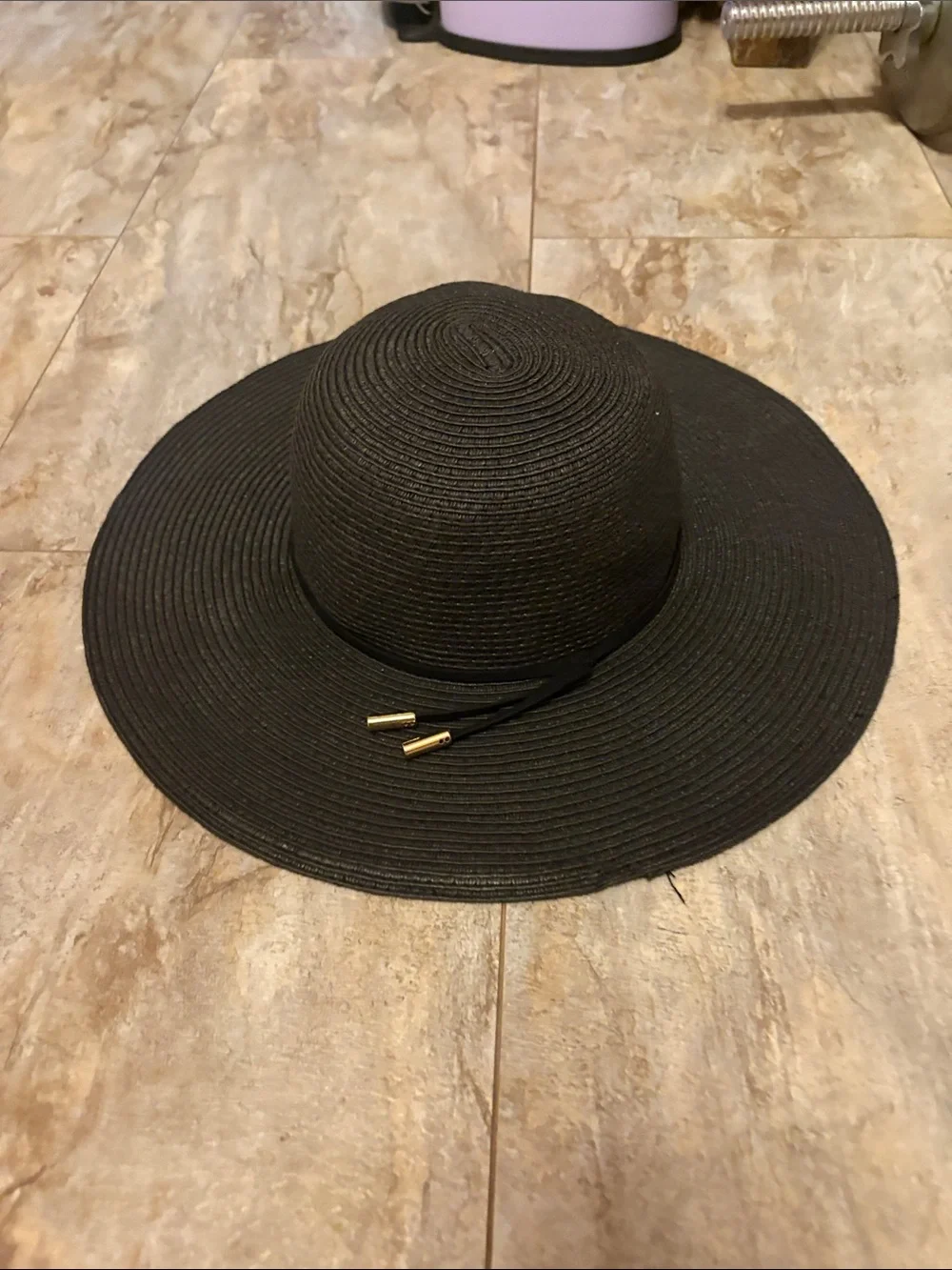 Black Wide Brim Sun Hat with Gold Accent - Women Accessories